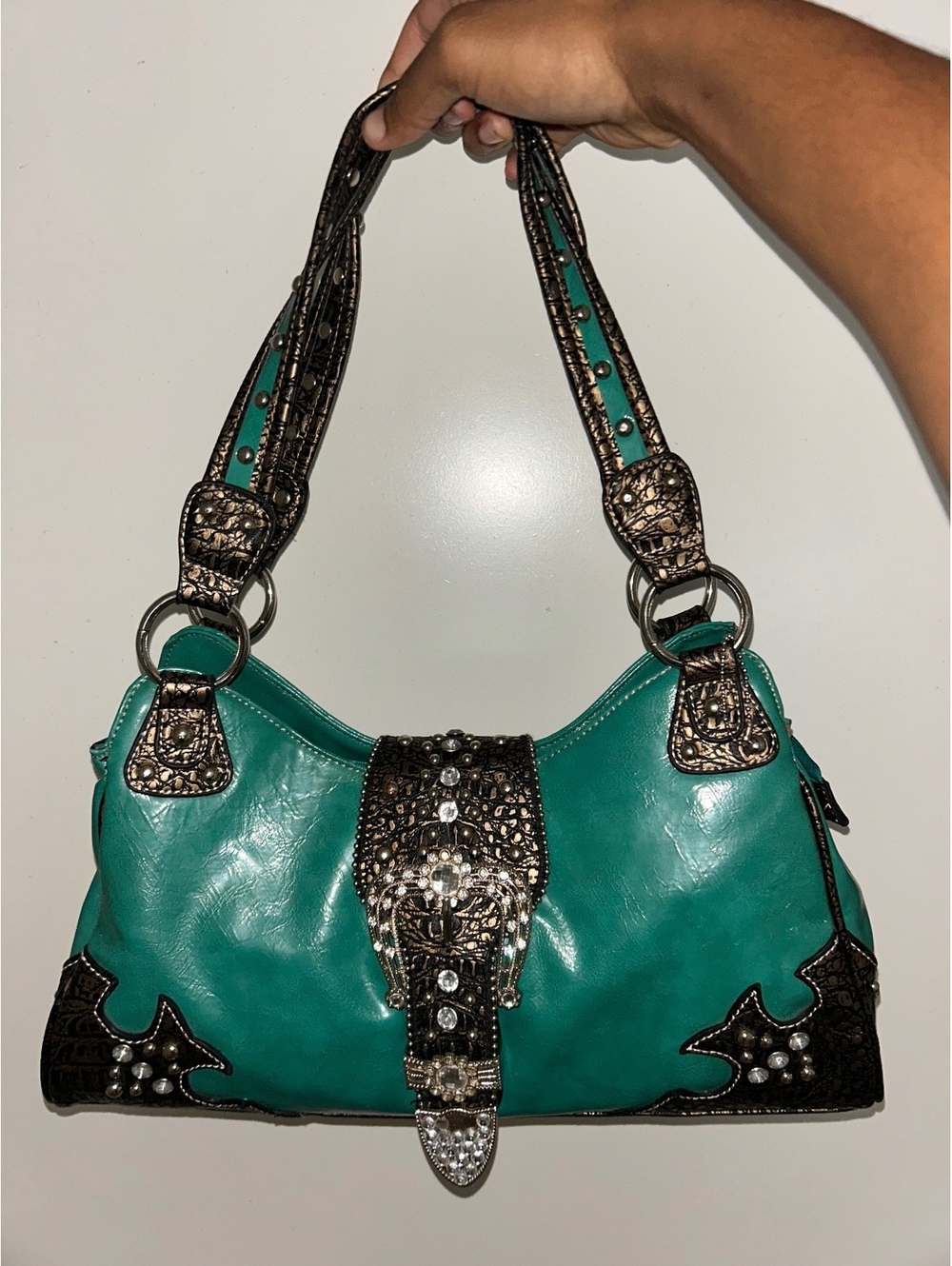 Vintage Y2K Turquoise Shoulder Bag with Decorative Buckle